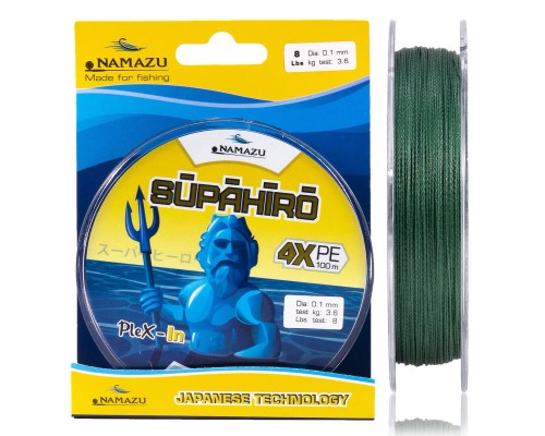 Шнур плетеный Namazu "Supahiro" 4Х,L-100 м, d-0,28 мм, test-18,15 кг,болотно-зеленый (мох) 